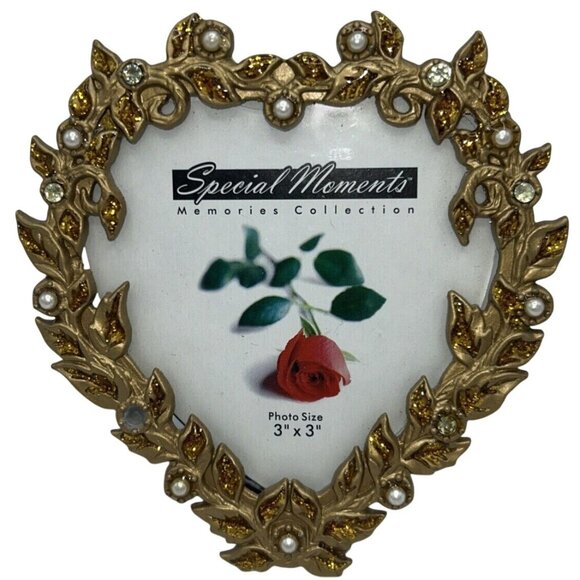 Special Moments Frame Heart Shaped Gold Pearl Rhinestone Valentine Wedding 3 x 3 - Picture 1 of 5